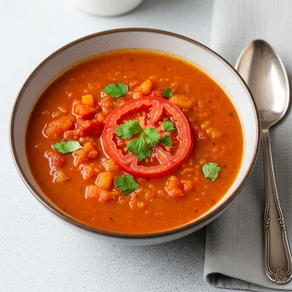 Hearty & Healthy Vegan Tomato & Carrot Soup served in a bowl