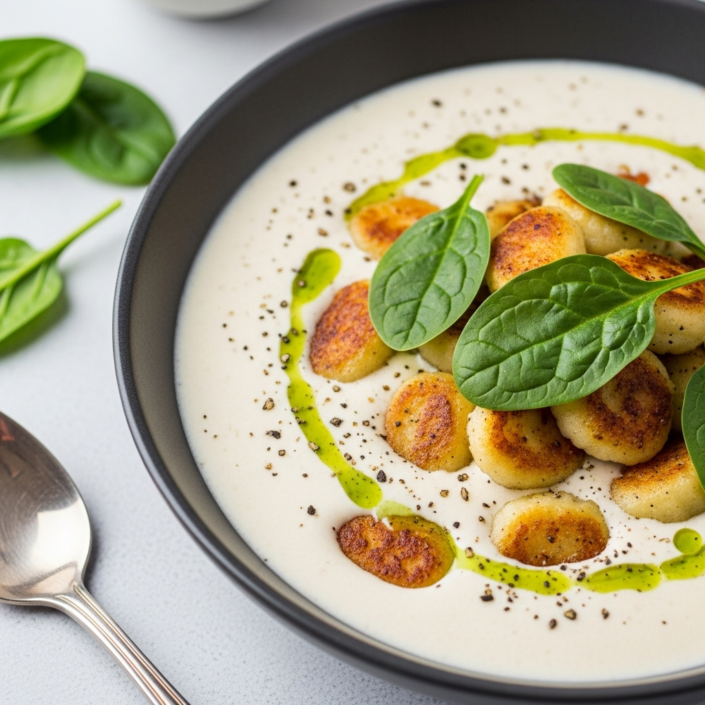 Close-up of creamy vegan gnocchi soup with pan-fried gnocchi and fresh spinach.
