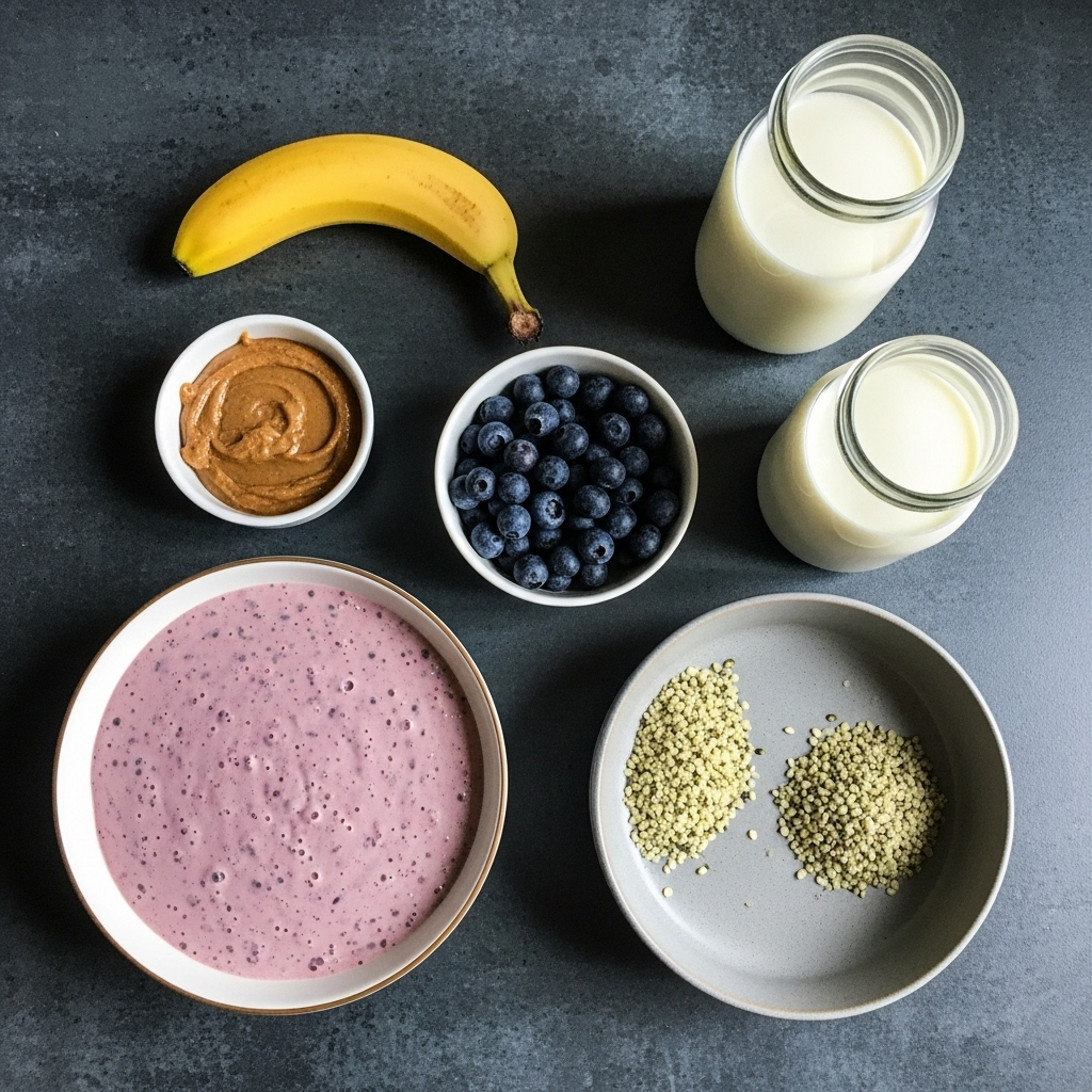 Ingredients for the smoothie laid out: frozen banana, blueberries, almond milk, almond butter, and hemp seeds.