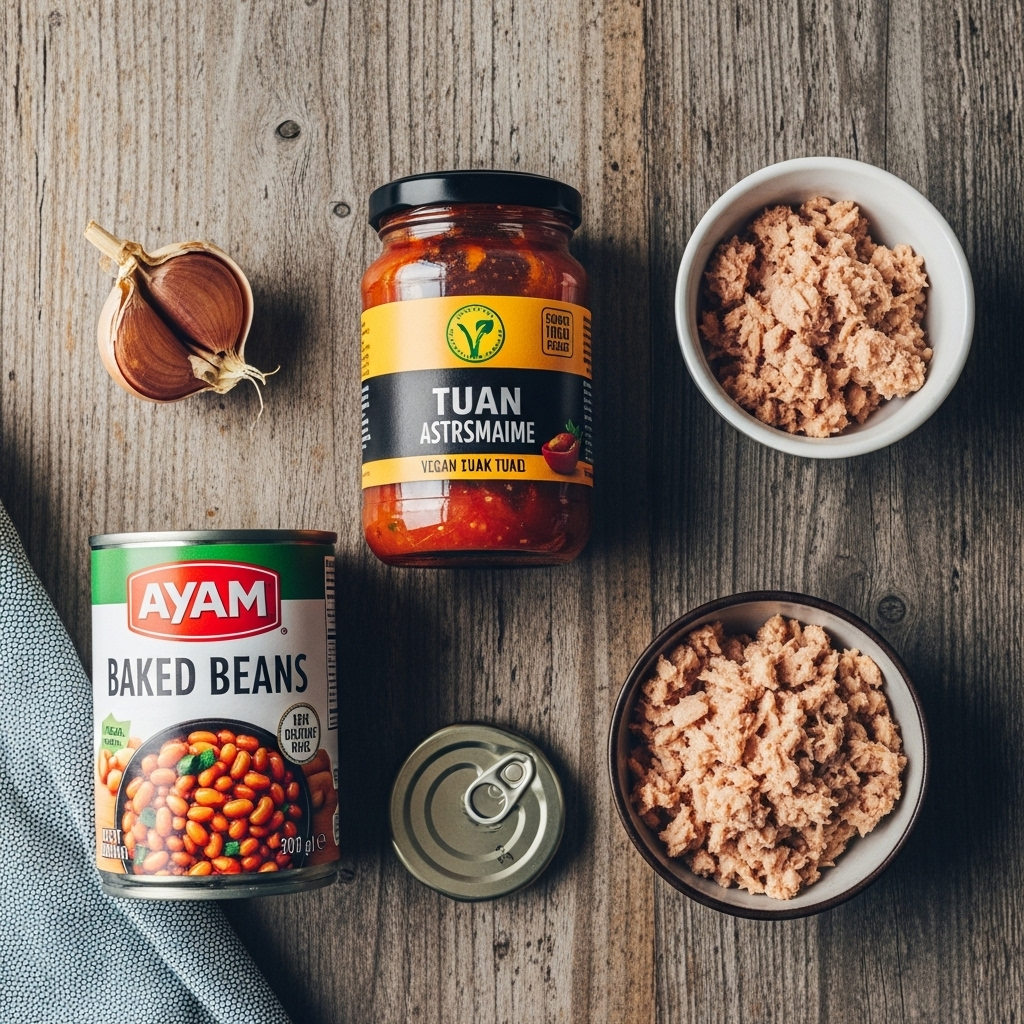 A vibrant flat lay of ingredients for the easy vegan baked beans recipe, featuring a can of Ayam brand baked beans, a jar of salsa, and a small container of flaked vegan tuna alternative, all arranged on a rustic surface.