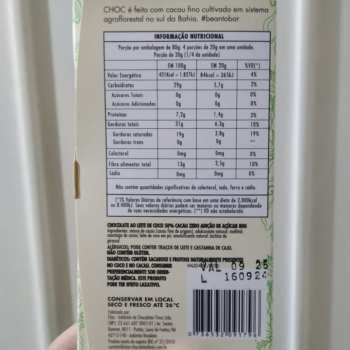 photo of Choc 50% Cacau Chocolate Ao Leite De Coco Zero Açúcar shared by @cassiot on  12 Apr 2025 - review