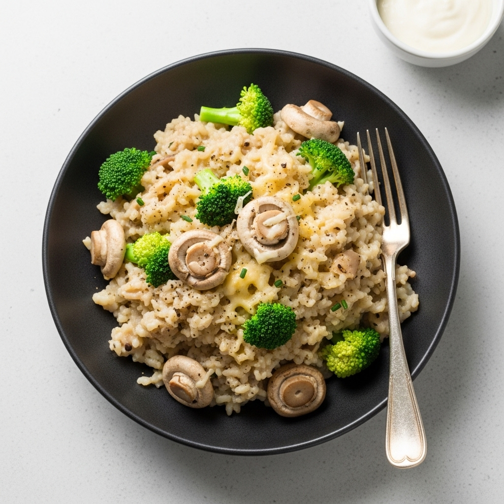 Creamy Vegan Mushroom & Broccoli Risotto with Cheesy Sauce