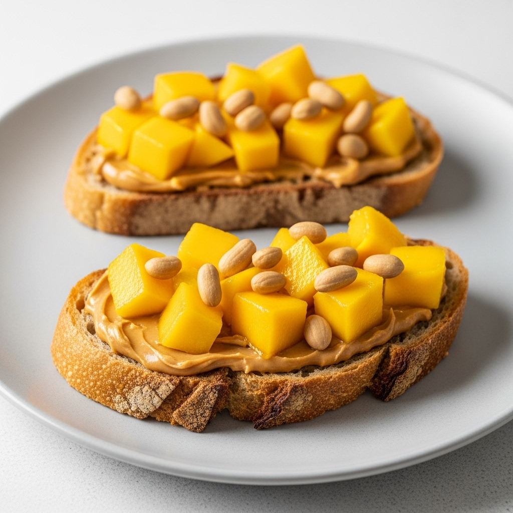 Freshly sliced sourdough toast topped with chunky peanut butter and vibrant mango pieces, ready for a quick and satisfying vegan snack.