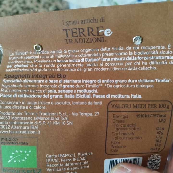 photo of Terre e tradizioni Spaghetti bio integrali di grano antico timilia shared by @lauraemarco on  23 Mar 2025 - review