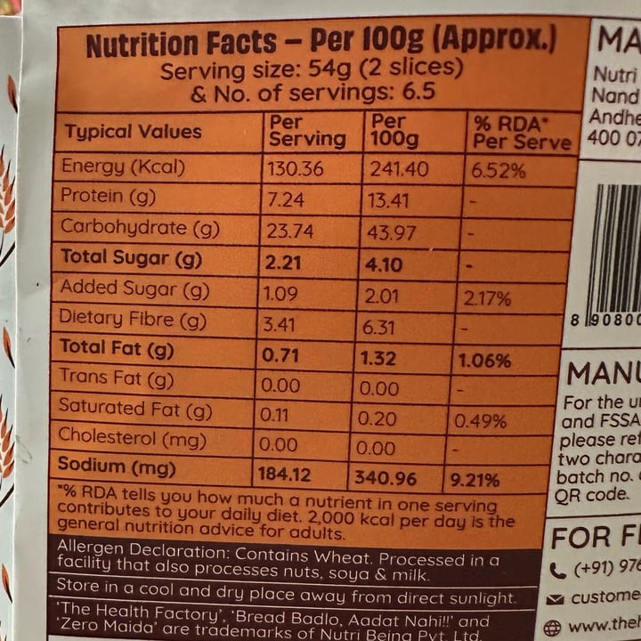 photo of The Health Factory Zero Maida Bread 100% Whole Wheat shared by @veganosaurus on  16 Sep 2025 - review