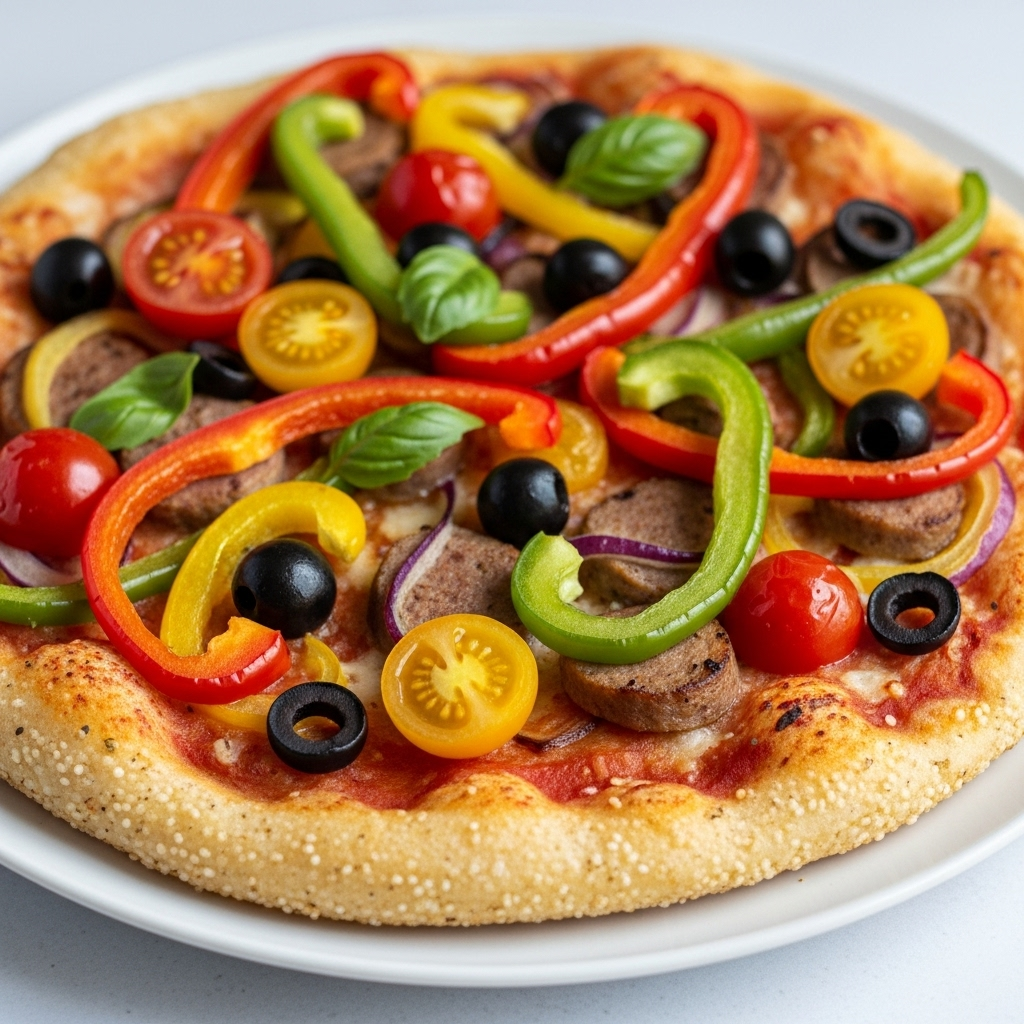 A beautifully baked homemade vegan pizza, topped with vibrant peppers, black olives, red and yellow cherry tomatoes, and savory vegan würstel, with the golden-brown rustic semolina crust visible.