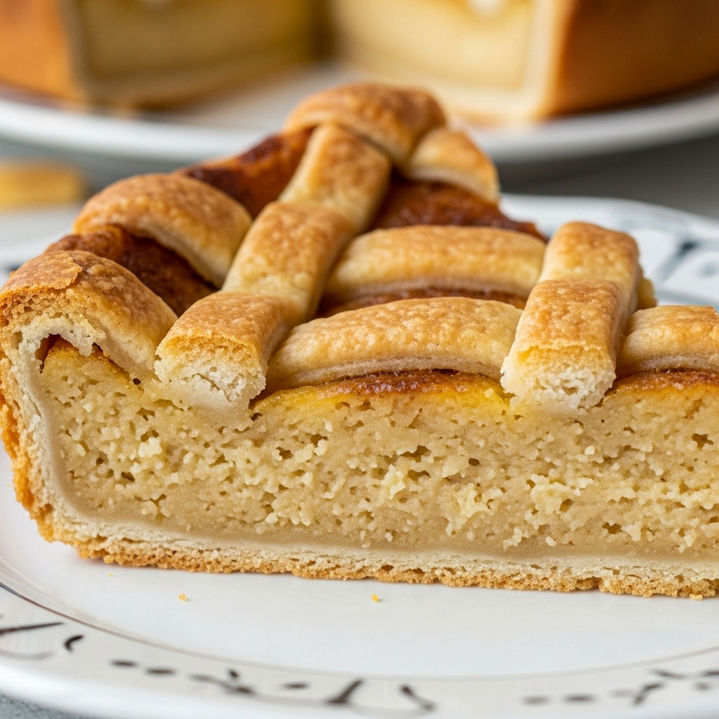 A close-up of a slice of Vegan Neapolitan Pastiera, revealing the textured, creamy wheat and custard filling and the delicate pastry lattice.