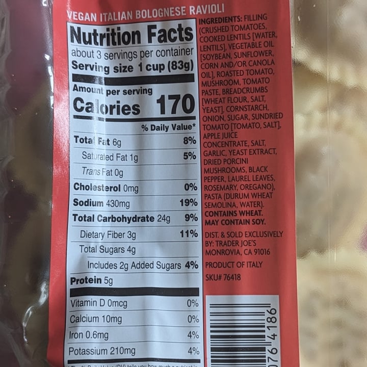 photo of Trader Joe's Vegan Italian Bolognese Ravioli shared by @iszy on  26 Apr 2024 - review