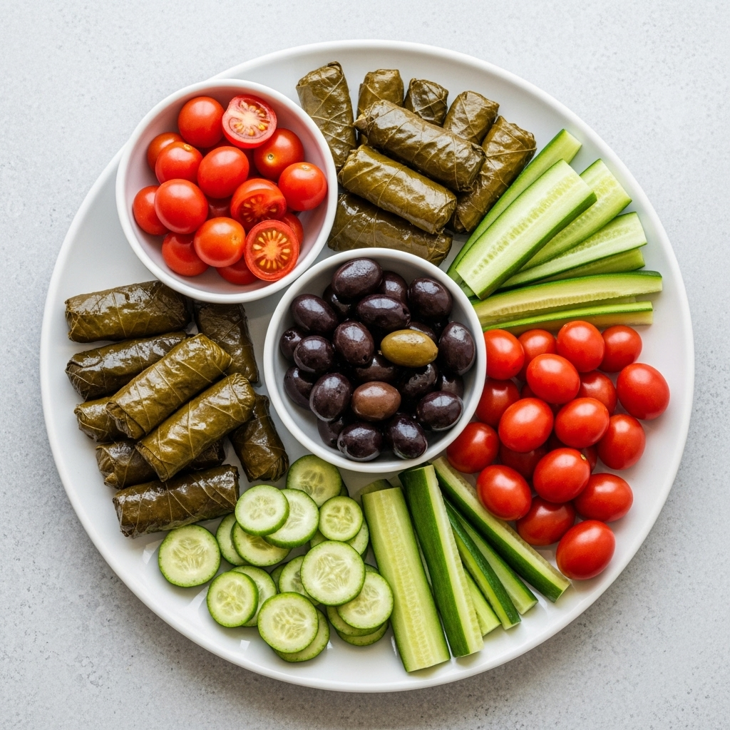 Visually appealing layout of the components for a fresh Mediterranean platter, including dolmades, olives, and fresh vegetables.