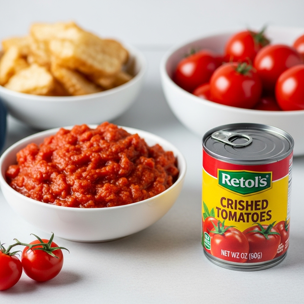 Can of crushed tomatoes with a vibrant label.