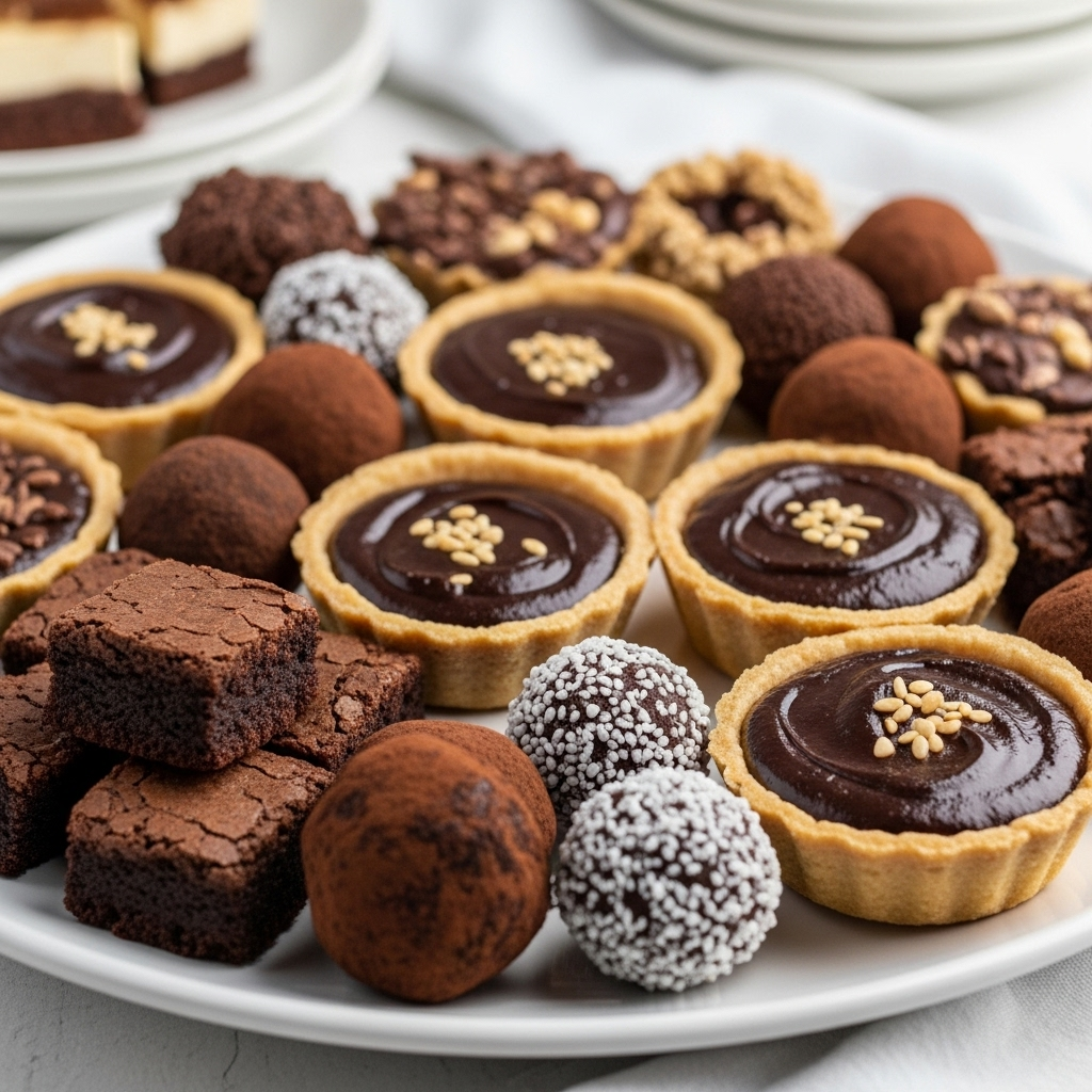 Variety of individually portioned vegan chocolate desserts, including brownies, tarts, and truffles, artfully arranged on a platter.