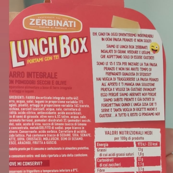 photo of Zerbinati Lunch Box Farro Integrale con Pomodori Secchi e Olive shared by @felika on  25 Aug 2023 - review