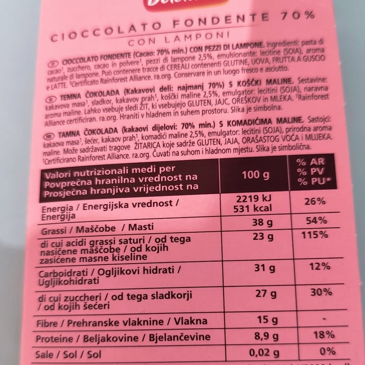 photo of Dolciando Cioccolato fondente 70% con lamponi shared by @lisabambinasaggia on  09 Dec 2024 - review