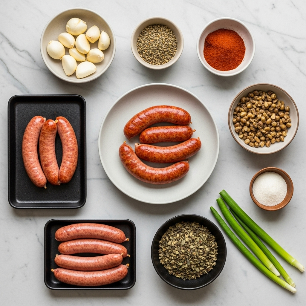 Ingredients for roasted vegan sausages laid out