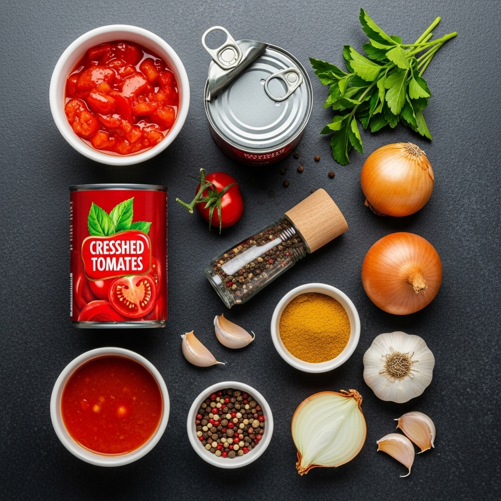 Visually appealing layout of canned crushed tomatoes, fresh herbs, onions, garlic, and spices, ready for soup making.