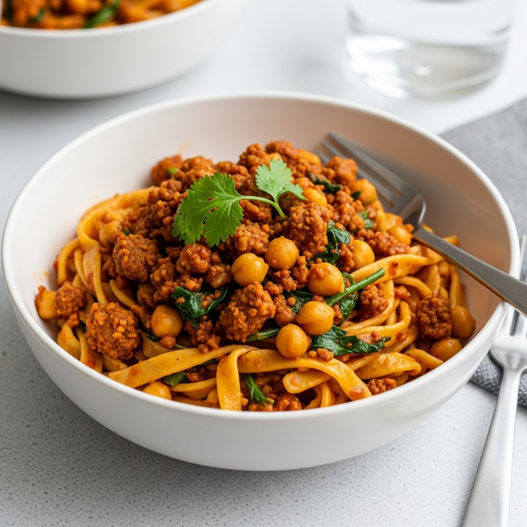 A comforting bowl of vegan chickpea pasta with 