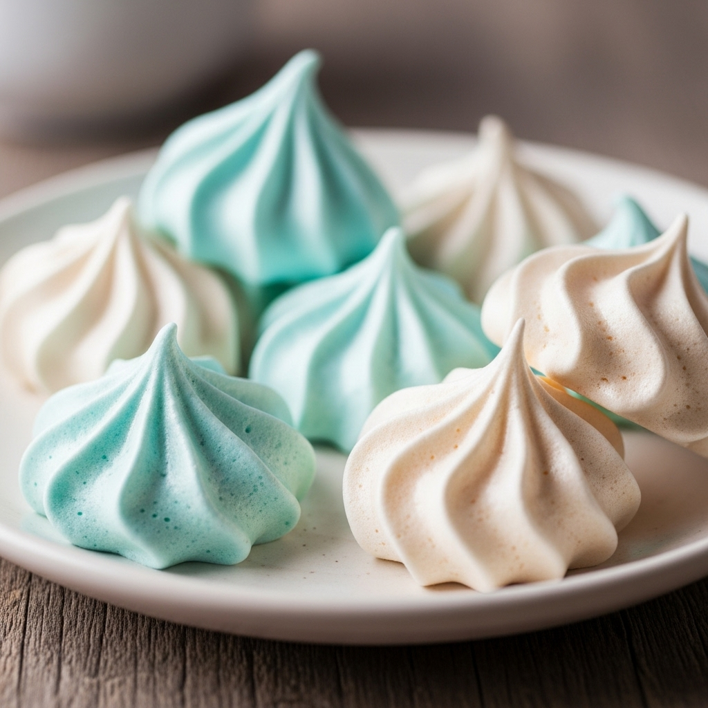 A close-up view of delicate vegan aquafaba meringues.