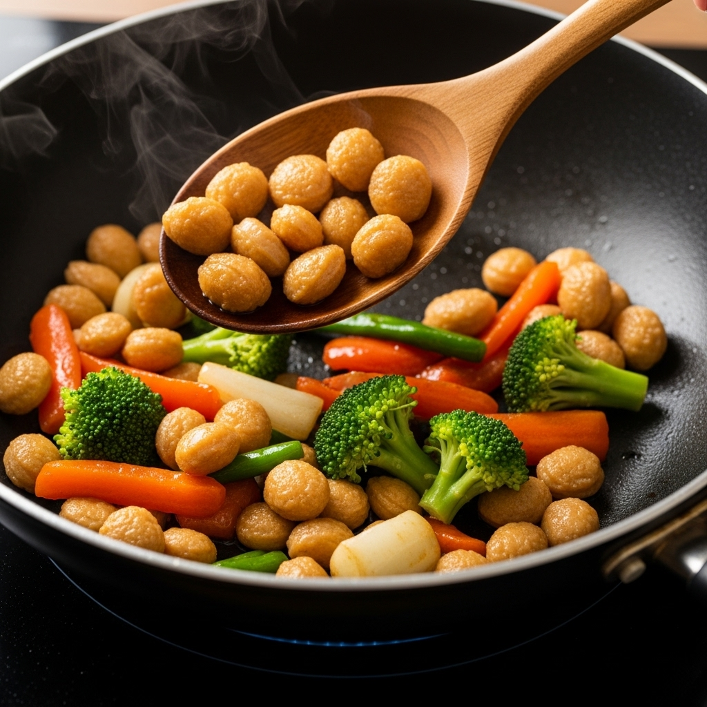 Sizzling vegetables and soya nuggets being stir-fried in a pan