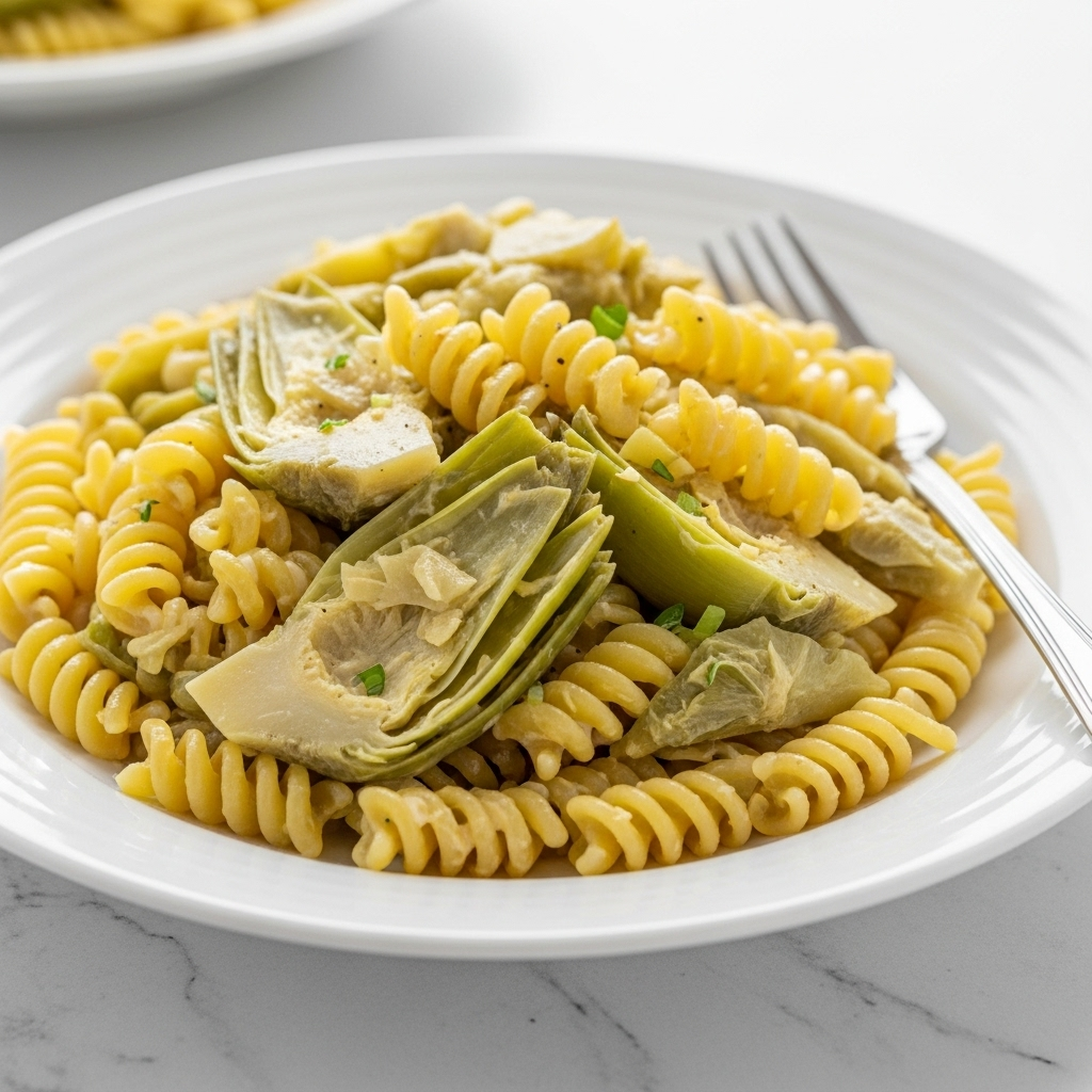 Another angle of the delicious Lemon Artichoke Fusilli pasta, showcasing its creamy texture.
