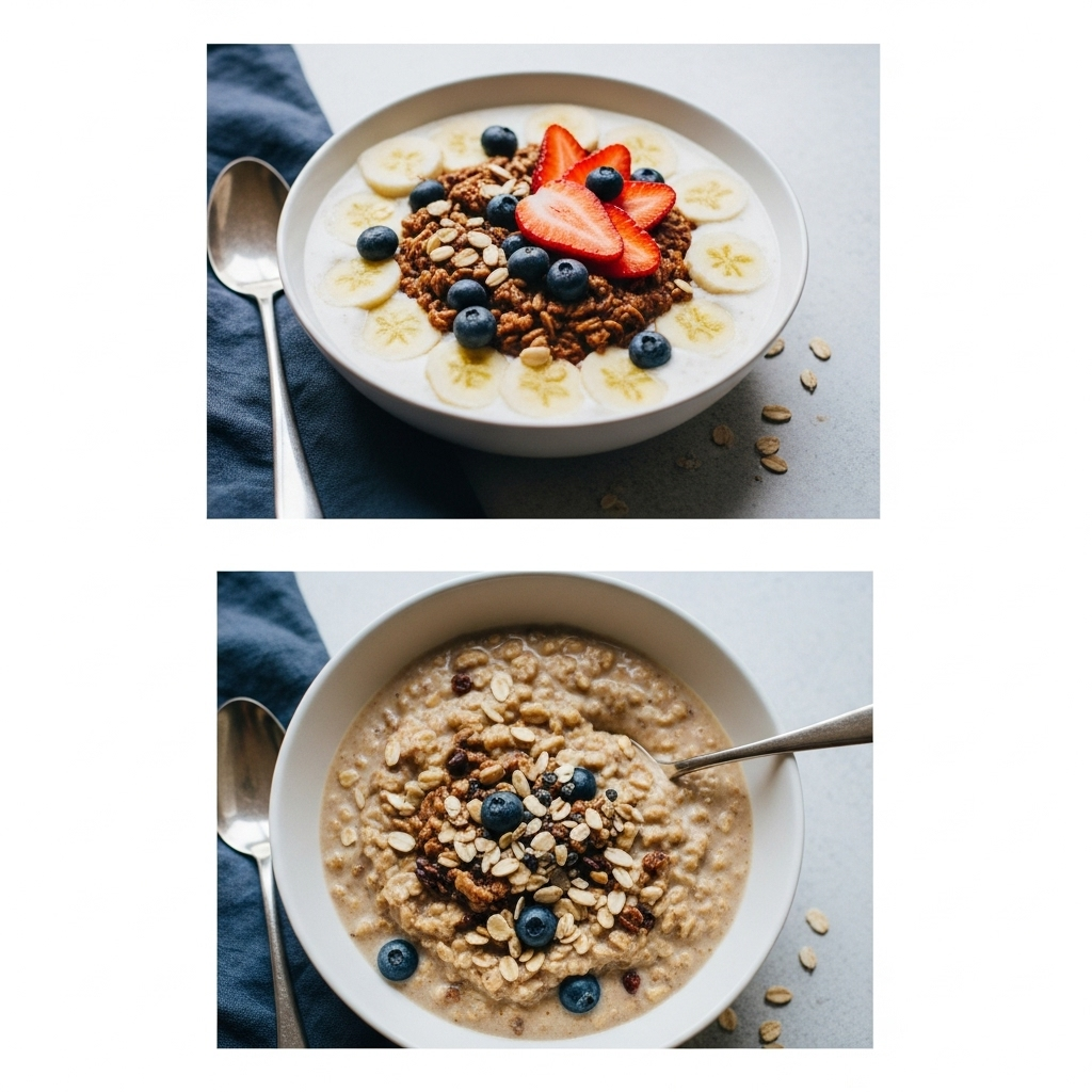 A second image showing the creamy texture of the prepared vegan protein oatmeal in a bowl.
