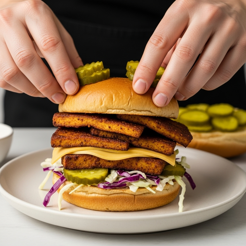 A close-up video shows a person assembling a delicious-looking vegan pastrami tofu sandwich with crispy spiced tofu, coleslaw, cheese, and pickles on a bun.