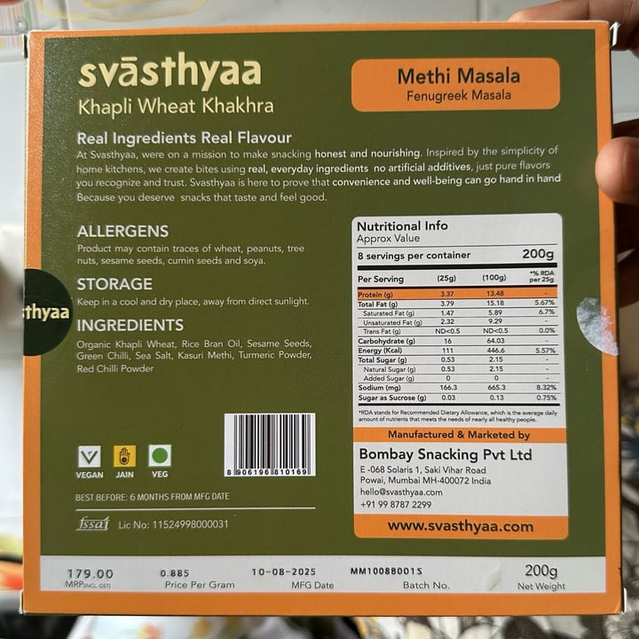photo of Svasthyaa Kaphli Wheat Khakra — Methi Masala shared by @veganosaurus on  25 Sep 2025 - review