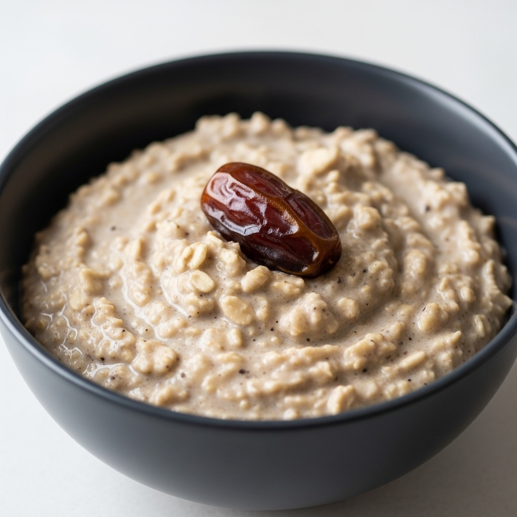 A close-up shot of a bowl of creamy vegan protein oatmeal, topped with a single date, ready to be enjoyed.