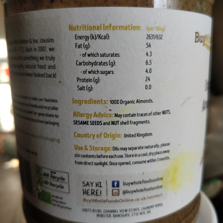 photo of Buywholefoodsonline.co.uk Organic Almond Butter shared by @compassionate on  28 Jan 2024 - review