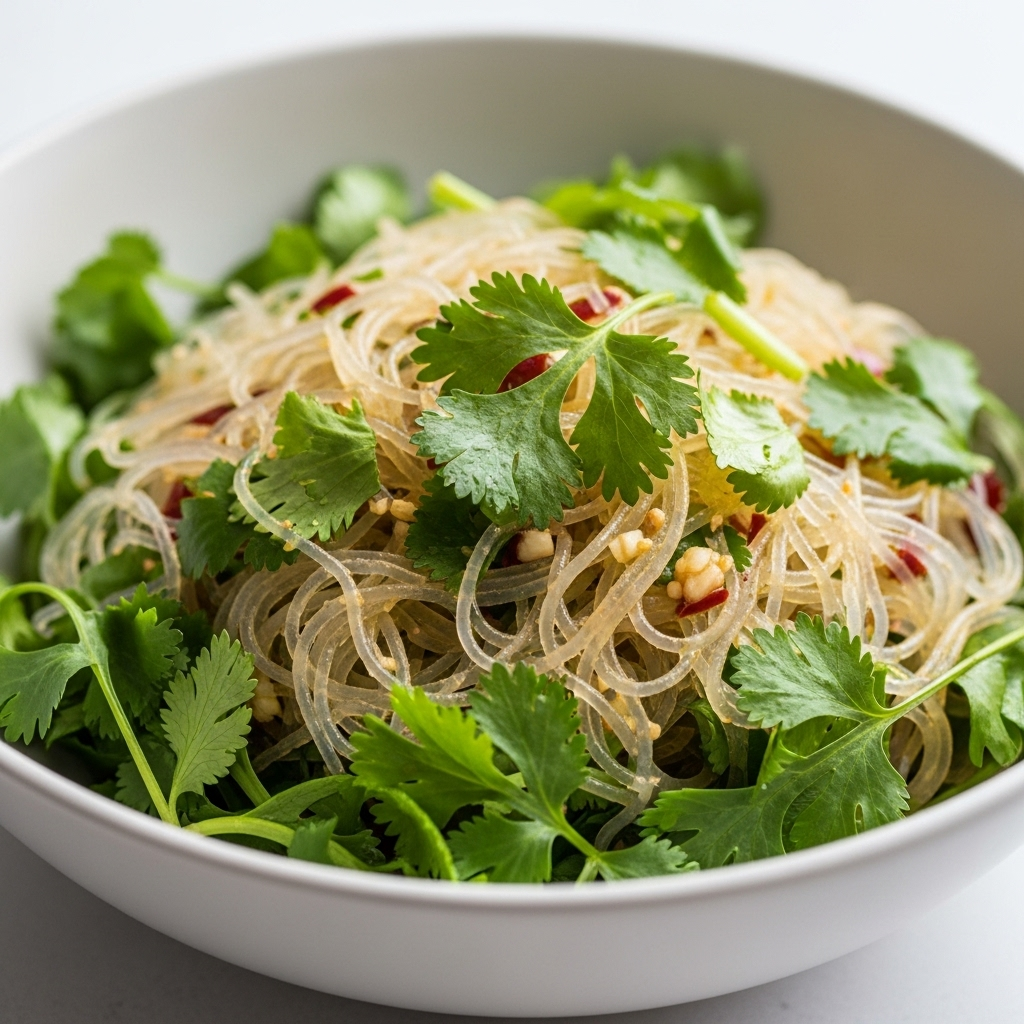 A close-up shot of the vibrant vegan Yum Woon Sen salad in a bowl, showing transparent glass noodles mixed with fresh green herbs and a light, zesty dressing.