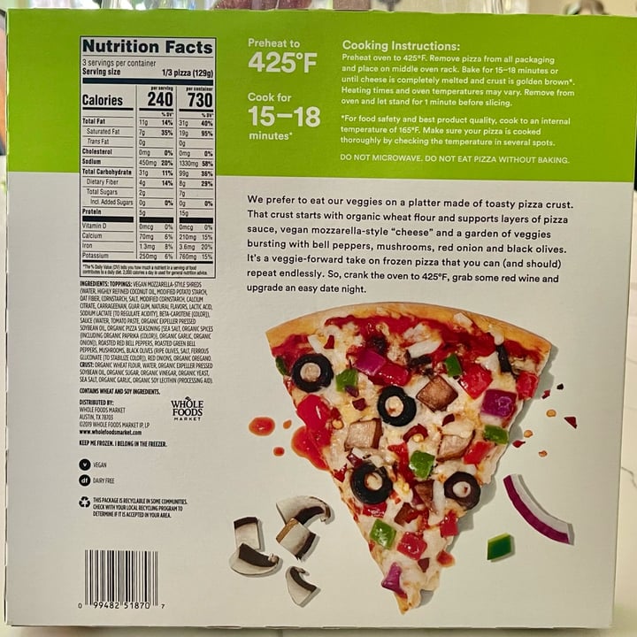 photo of 365 Whole Foods Market Vegan Ultimate Veggie Pizza shared by @ellefire on  10 Jul 2024 - review