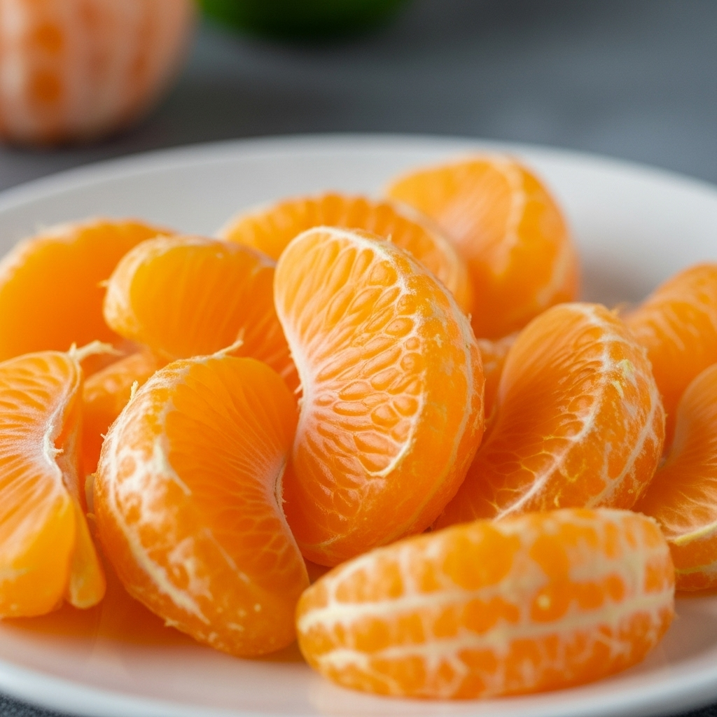 Close-up of freshly peeled orange segments on a plate, highlighting their juicy texture.