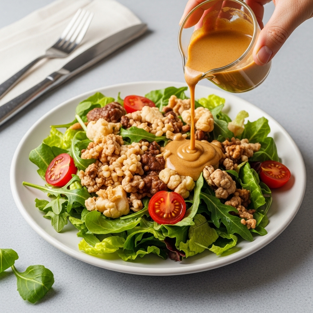 Peanut Butter Dressing drizzled over a fresh salad