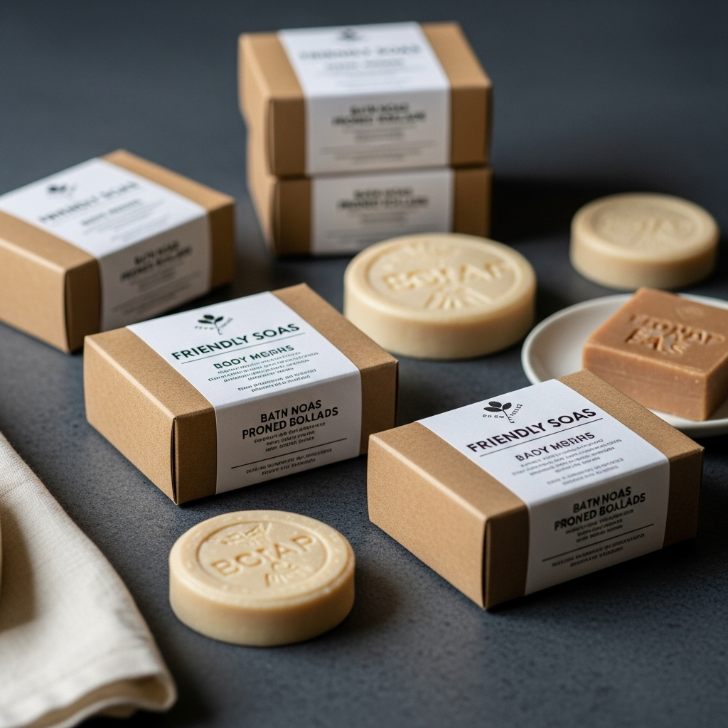 A collection of Friendly Soap bars packaged in simple, recyclable cardboard boxes, emphasizing their commitment to sustainability.