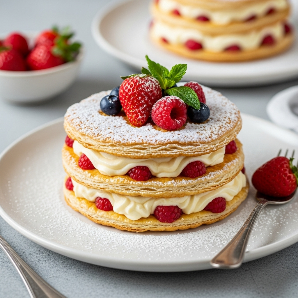 Deliciously flaky and creamy vegan millefoglie dessert, beautifully layered and topped with powdered sugar and fresh berries.