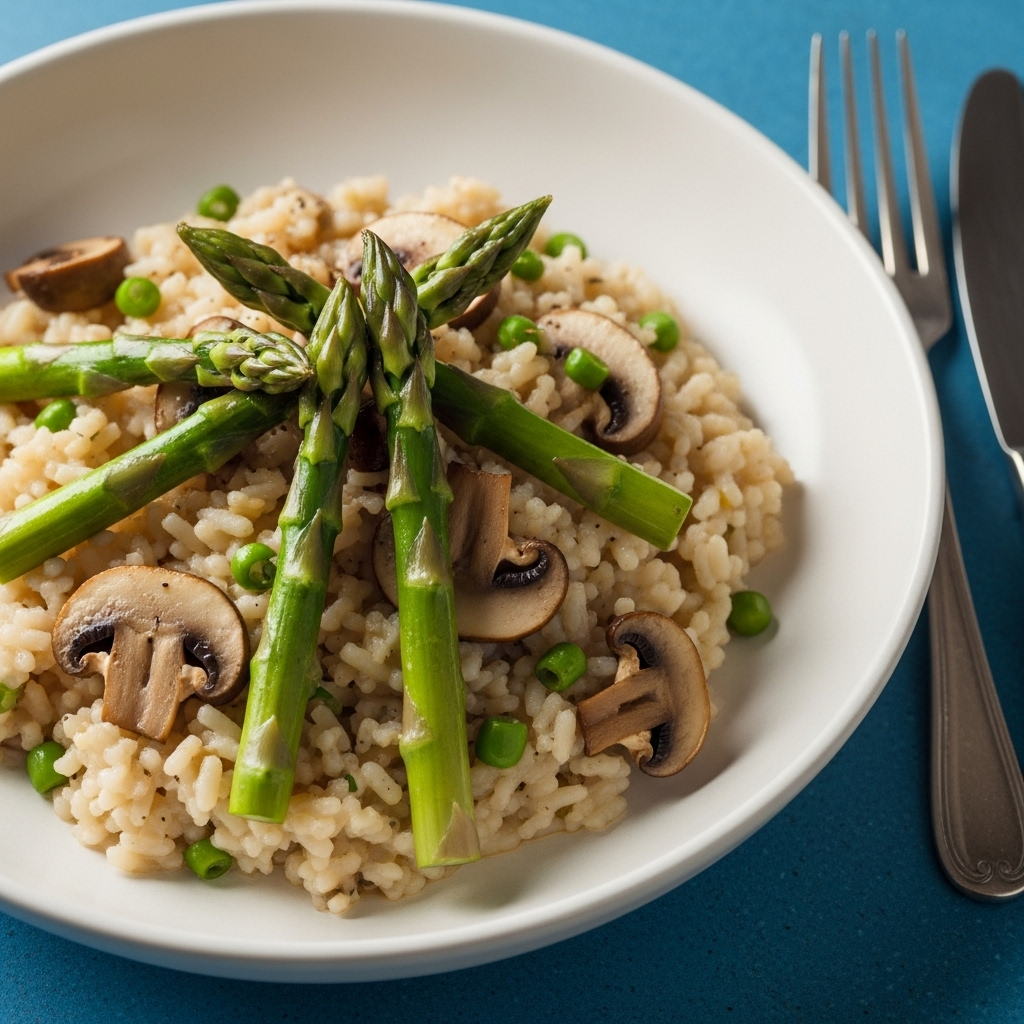 Close-up of Asparagus & Mushrooms Risotto, a perfect side dish
