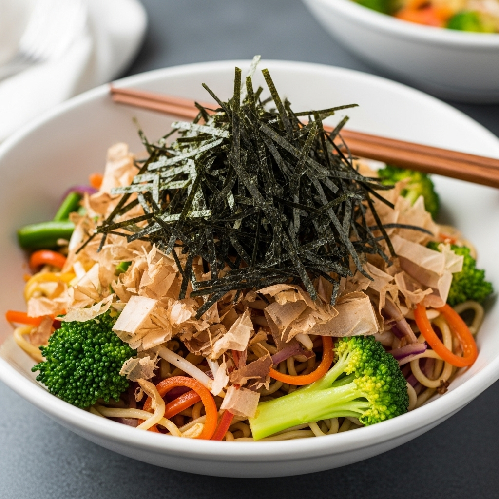Noodle bowl with vibrant vegetables and generous shredded smoked nori seaweed topping, ready to be enjoyed.