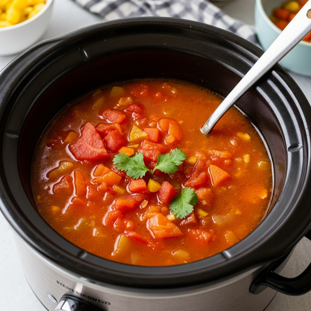 Hearty & Healthy Vegan Tomato & Carrot Soup simmering in slow cooker