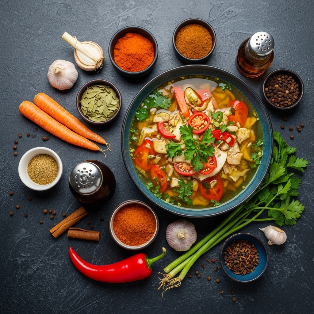 Assorted Fresh Vegetables and Spices for Soup