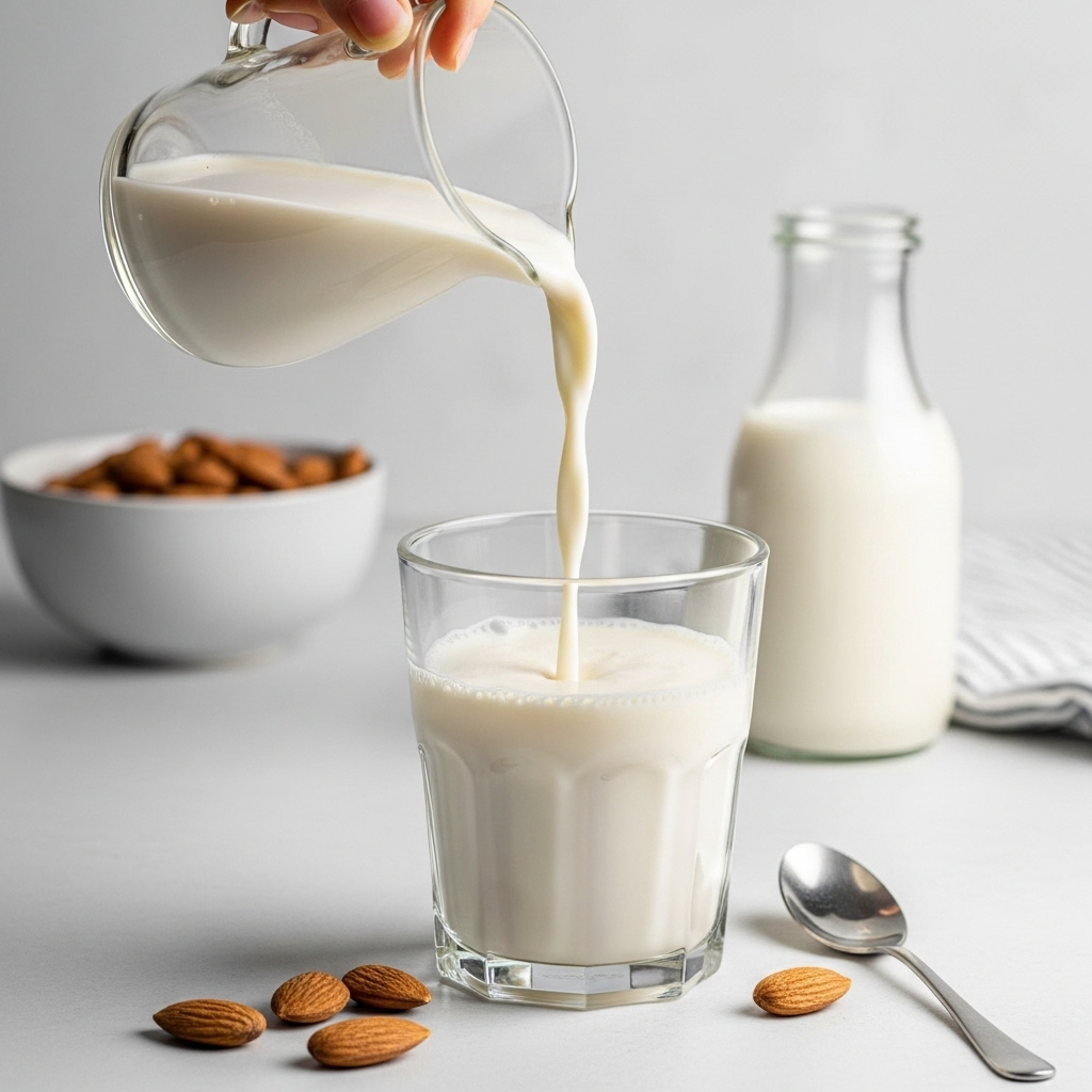 Homemade vegan almond milk poured into a glass, ready to enjoy