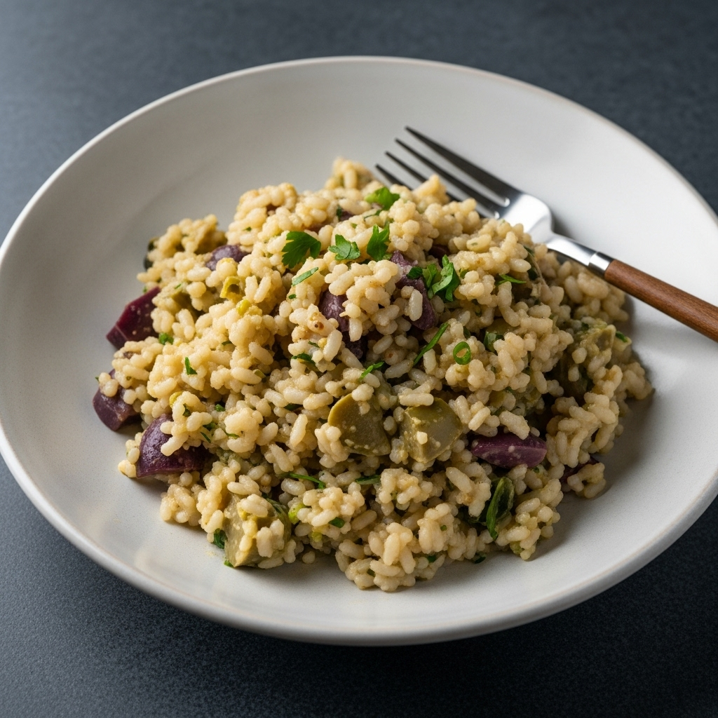 Another angle of the delicious vegan risotto, showcasing its rich texture.