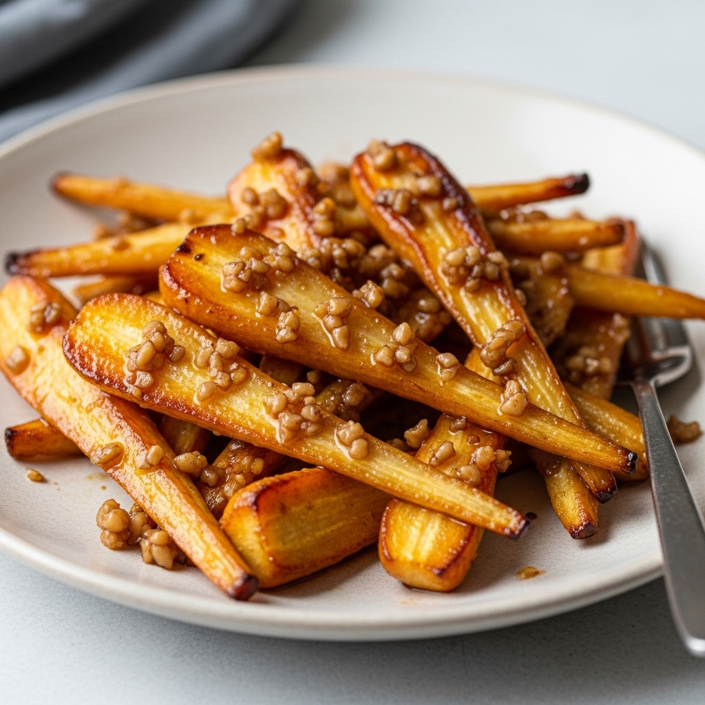 A close-up shot highlighting the inviting texture and golden-brown caramelization of the glazed parsnips.