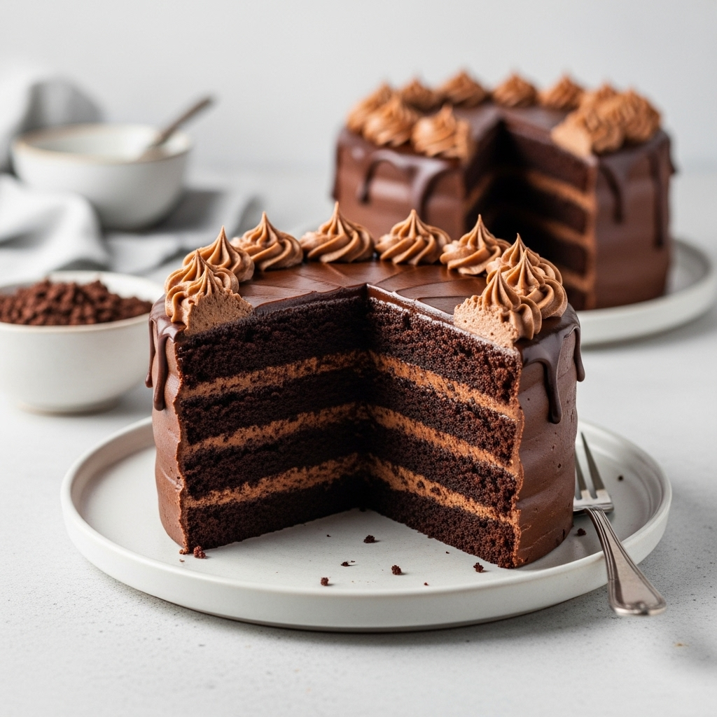 Decadent triple chocolate vegan cake made with rich coconut cream ganache, showcasing multiple layers of chocolate and smooth frosting.