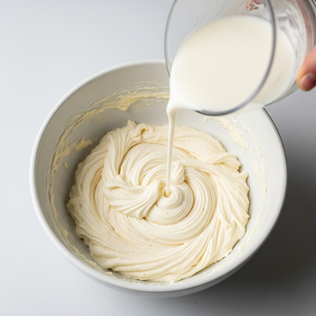 The creamy vegan cookie batter after adding plant milk and vanilla, whipped to fluffy perfection.