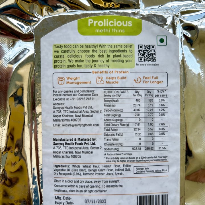 photo of Prolicious Methi Thins shared by @veganniran on  05 Apr 2024 - review