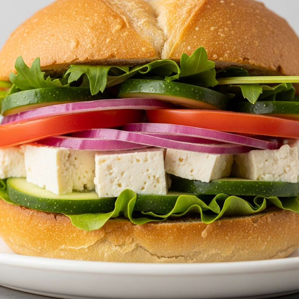 Close-up of the cross-section of a vegan Greek tofu sandwich, highlighting the textures and vibrant colors of the ingredients.