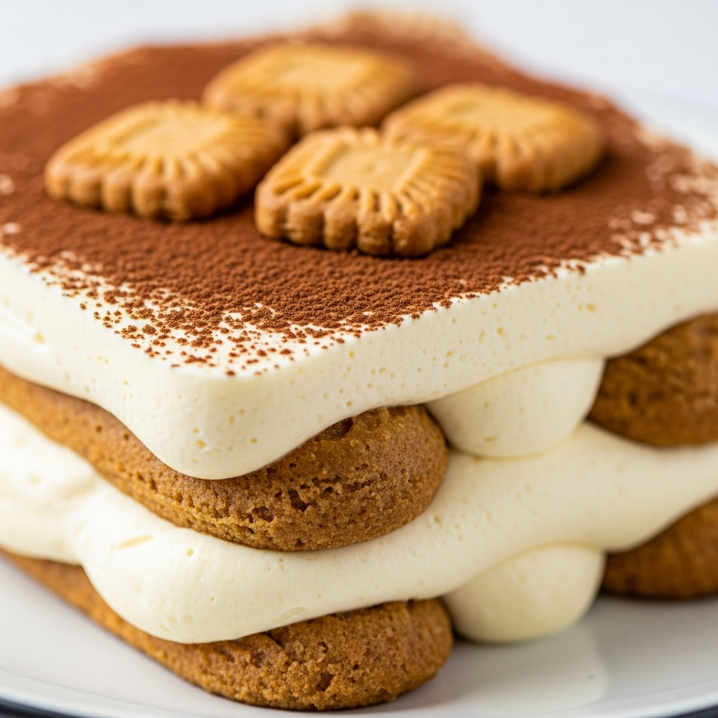 Close-up of the creamy vegan tiramisu layers with biscuit crumbs visible.