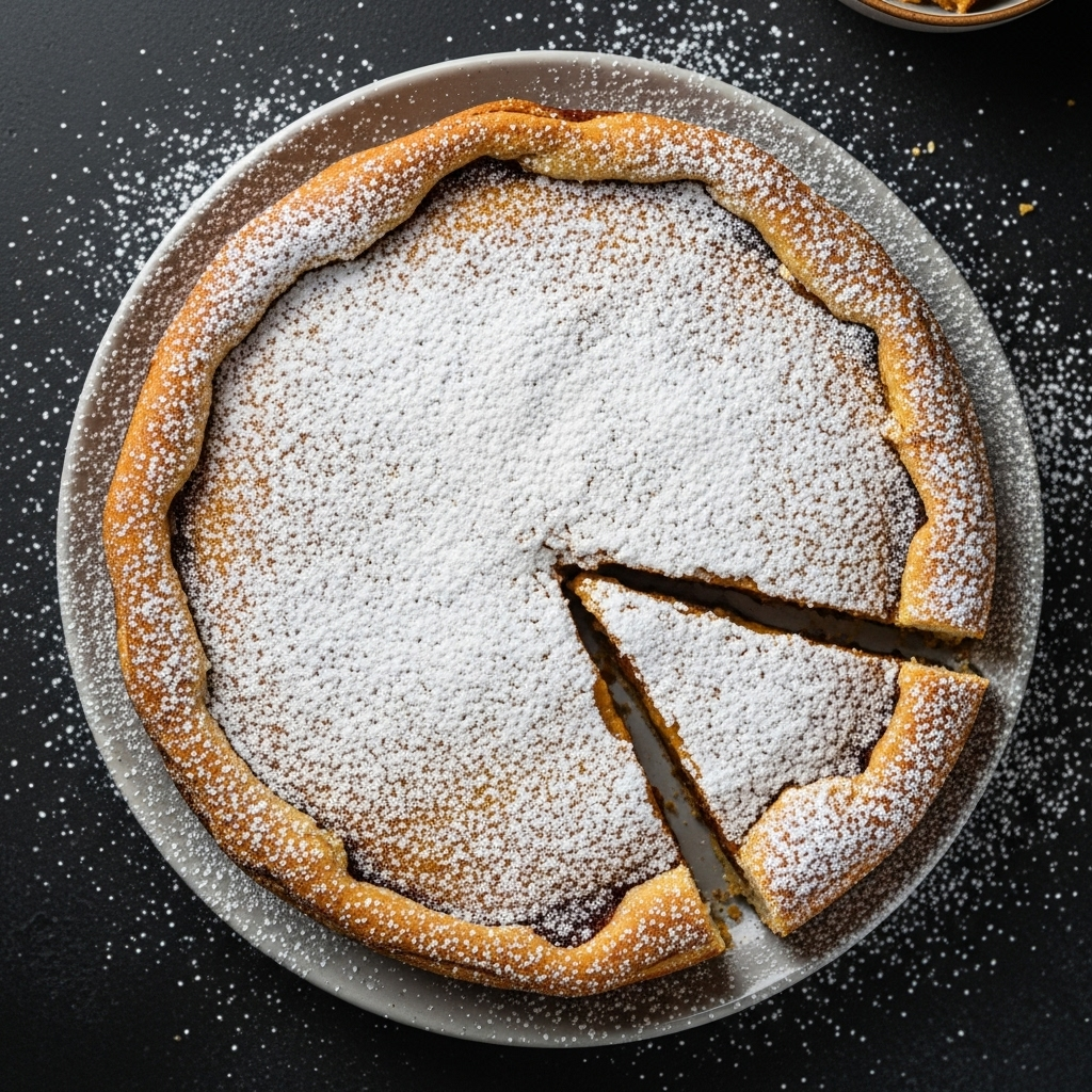 Overhead shot of the finished Vegan Neapolitan Pastiera, dusted generously with powdered sugar, ready to be sliced and served.