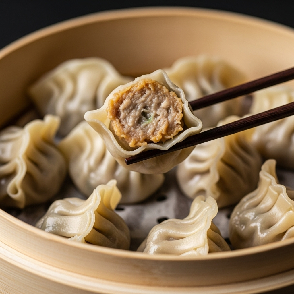 Close-up of freshly steamed vegan Omnimeat dumplings, showing their tender texture.