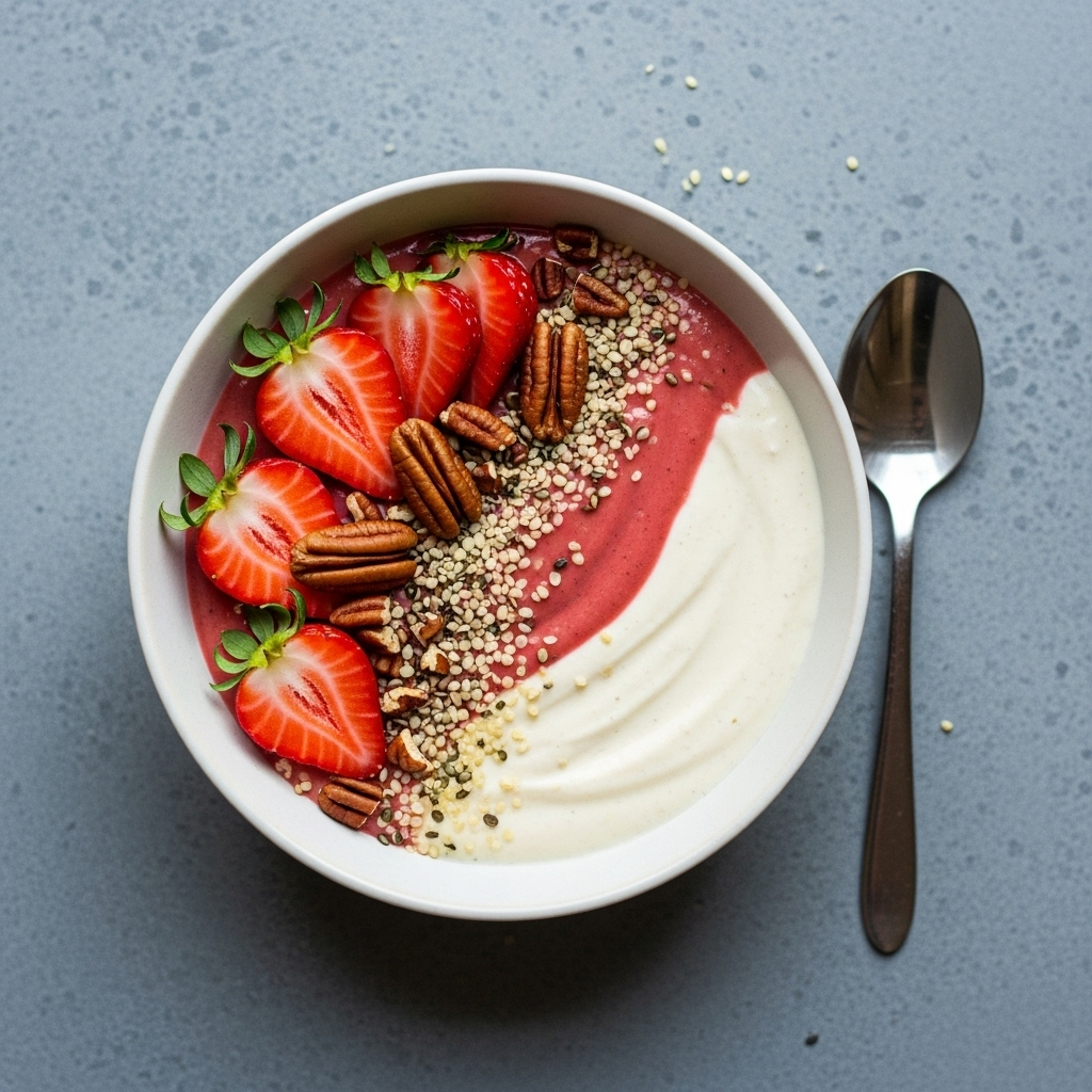 Overhead view of a beautifully presented vegan strawberry tofu pudding in a bowl, garnished with strawberries, pecans, and hemp seeds, next to a spoon.