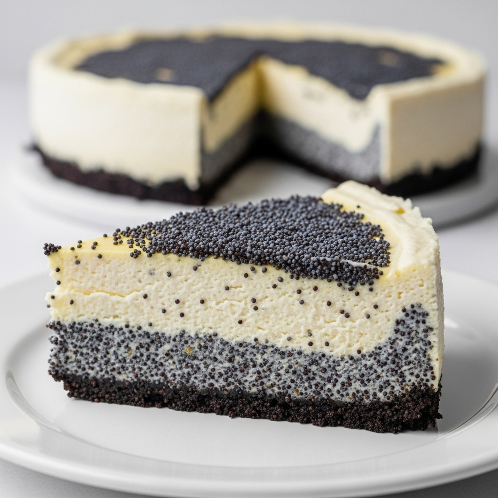 A beautiful slice of vegan cheesecake with a prominent poppy seed layer, showcasing its dense and creamy texture.